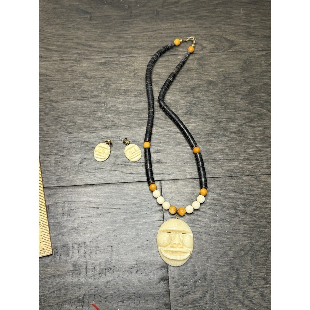 African Mask Bone Pendant Necklace Tribal Beaded Handcrafted 18" Signed